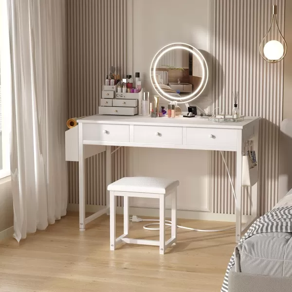 Lufeiya White Makeup Vanity Desk with Mirror and Lights 40 inch Make Up Vanity Desks with Fabric Drawers ampamp Charging Station Dressing Table and Chair Set for Bedroom Girls White GoldWhite