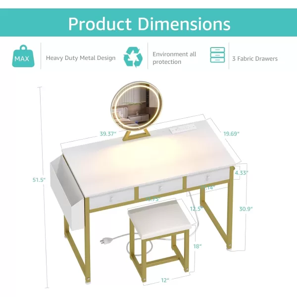 Lufeiya White Makeup Vanity Desk with Mirror and Lights 40 inch Make Up Vanity Desks with Fabric Drawers ampamp Charging Station Dressing Table and Chair Set for Bedroom Girls White GoldWhite Gold