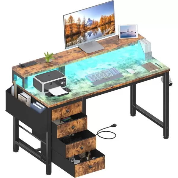Lufeiya Computer Desk with Fabric Drawers 47 inch Home Office Desk with Monitor Stand Gaming Desk with LED Lights and Power Outlets Rustic Brown