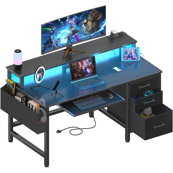 Lufeiya Gaming Desk with LED Lights and Power Outlets 47 Inch Home Office Desks with Keyboard Tray Computer Desk with File Drawers Cabinet Writing Table PC Desks with Monitor Stand BlackBlack