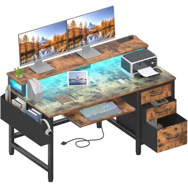 Lufeiya Gaming Desk with LED Lights and Power Outlets 47 Inch Home Office Desks with Keyboard Tray Computer Desk with File Drawers Cabinet Writing Table PC Desks with Monitor Stand BlackBrown