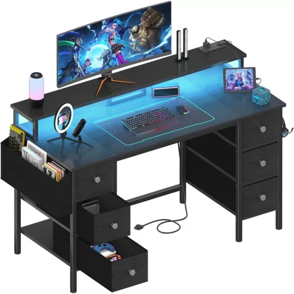 Lufeiya Gaming Desk with LED Lights and Power Outlets 47 inch Computer Desk with Fabric Drawers ampamp Storage Shelves Home Office Desk with Monitor Stand Black