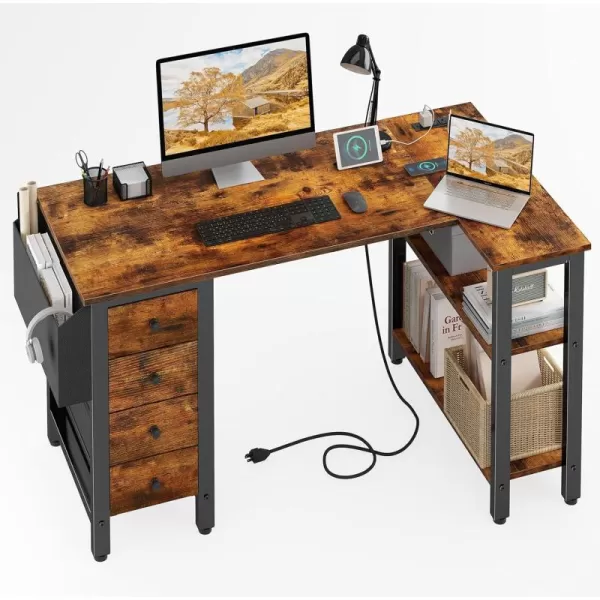 Lufeiya L Shaped Desk with Drawers ampamp Storage Shelves 47 Inch Corner Computer Desk with Power Outlet for Home Office Bedroom LShaped Gaming PC Desks with Fabric Drawer Rustic BrownBrown