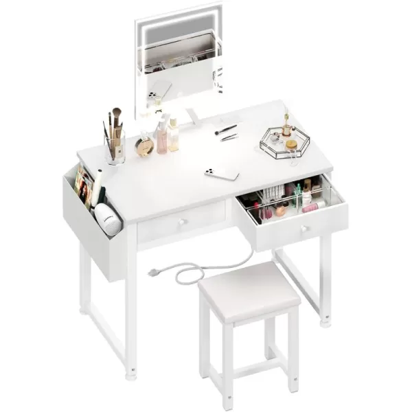 Lufeiya Small Makeup Vanity Desk with Fabric Drawers 32 inch White Vanity Desks with Mirror and Light Dressing Table and Chair Set with Power Outlet for Girls Bedroom WhiteWhite