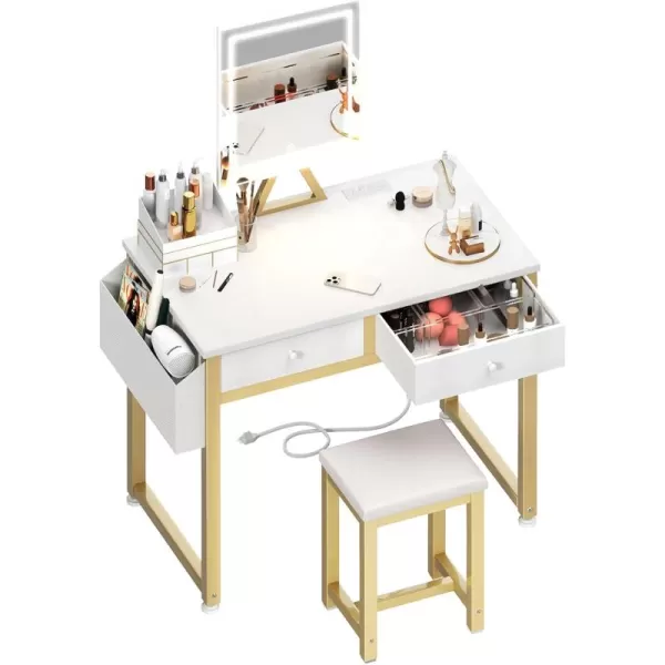 Lufeiya Small Makeup Vanity Desk with Fabric Drawers 32 inch White Vanity Desks with Mirror and Light Dressing Table and Chair Set with Power Outlet for Girls Bedroom WhiteWhite Gold