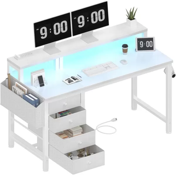 Lufeiya White Computer Desk with Fabric Drawers 47 inch Home Office Desk with Monitor Stand Gaming Desk with LED Lights and Power Outlets White