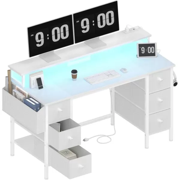 Lufeiya White Computer Desk with Fabric Drawers ampamp Storage Shelves 47 inch Home Office Desk with Monitor Stand Gaming Desk with LED Lights and Power Outlets White