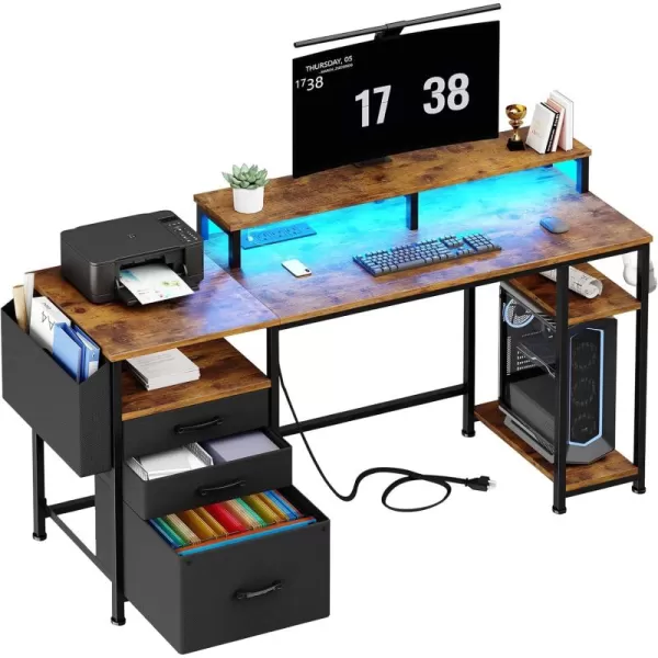 Lufeiya White Computer Desk with File Drawers Cabinet 55 Inch Home Office Desk with Monitor Stand Shelves Writing Study Gaming Desks with Led Lights and Power Outlets for Bedroom WhiteRustic Brown