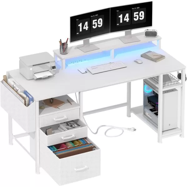 Lufeiya White Computer Desk with File Drawers Cabinet 55 Inch Home Office Desk with Monitor Stand Shelves Writing Study Gaming Desks with Led Lights and Power Outlets for Bedroom WhiteWhite