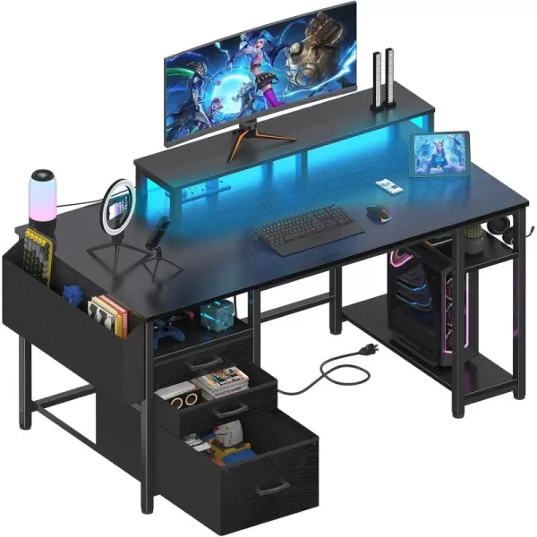 Lufeiya White Computer Desk with File Drawers Cabinet 55 Inch Home Office Desk with Monitor Stand Shelves Writing Study Gaming Desks with Led Lights and Power Outlets for Bedroom WhiteBlack