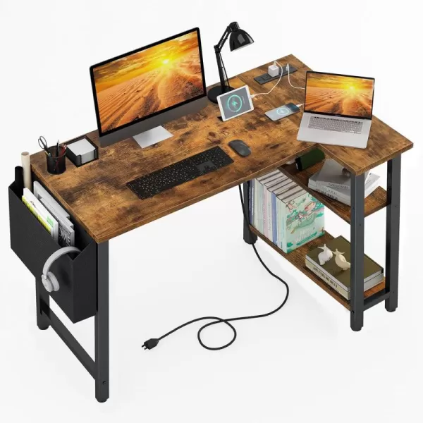 Lufeiya White L Shaped Computer Desk with Power Outlet Shelves 40 Inch Small Corner Desk for Small Space Home Office LShaped Desk PC Desks WhiteRustic Brown