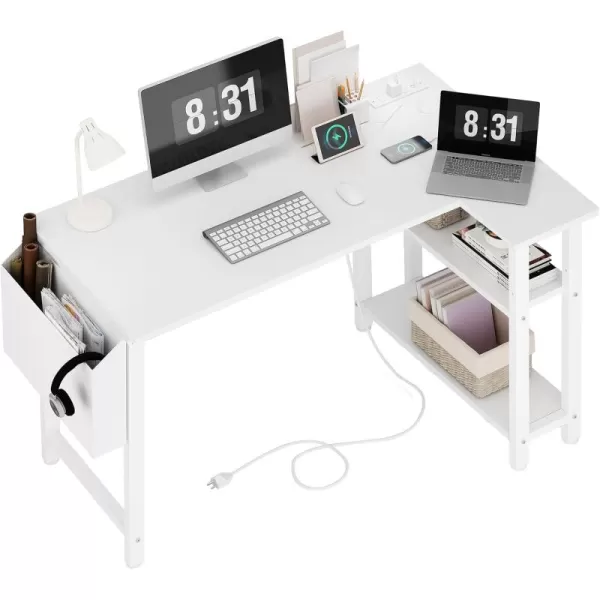 Lufeiya White L Shaped Computer Desk with Power Outlet Shelves 40 Inch Small Corner Desk for Small Space Home Office LShaped Desk PC Desks WhiteWhite