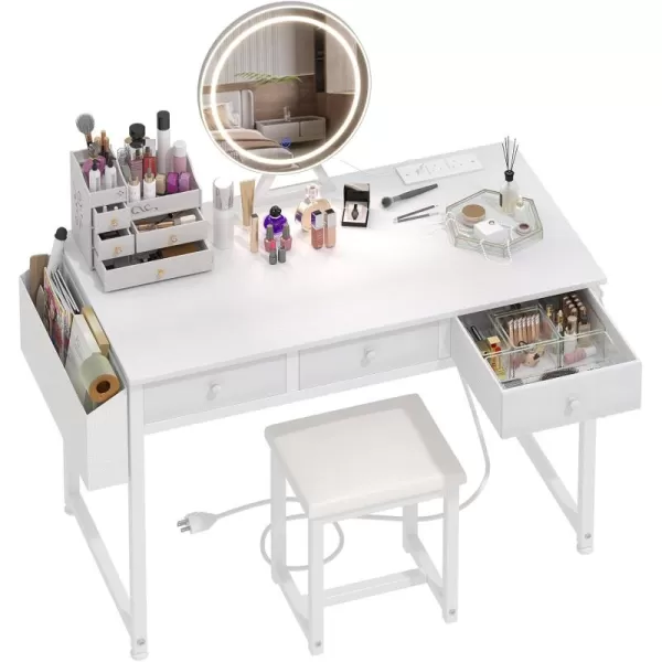 Lufeiya White Makeup Vanity Desk with Mirror and Lights 40 inch Make Up Vanity Desks with Fabric Drawers ampamp Charging Station Dressing Table and Chair Set for Bedroom Girls White GoldWhite