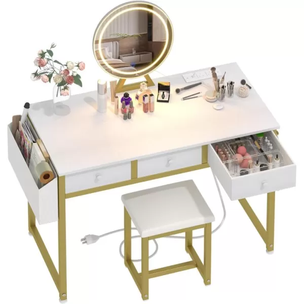 Lufeiya White Makeup Vanity Desk with Mirror and Lights 40 inch Make Up Vanity Desks with Fabric Drawers ampamp Charging Station Dressing Table and Chair Set for Bedroom Girls White GoldWhite Gold