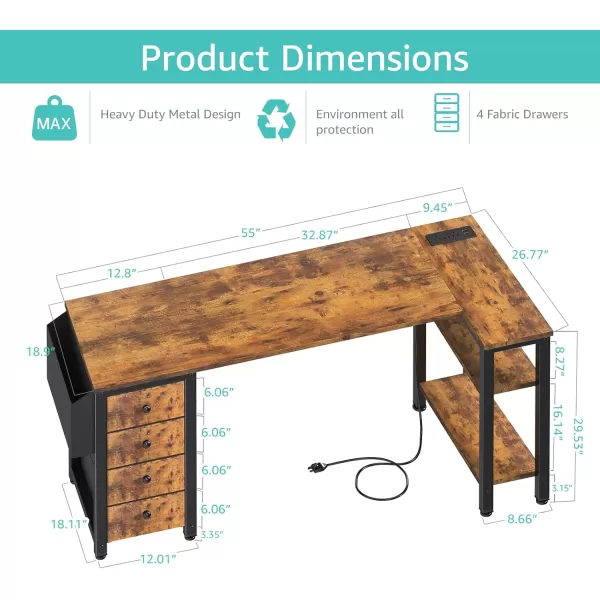 imageLufeiya L Shaped Gaming Desk with Drawers ampamp Storage Shelves 47 Inch Corner Computer Desk with Power Outlet for Home Office Bedroom LShaped Teen PC Desks with Fabric Drawer BlackBrown