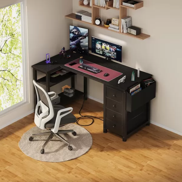 imageLufeiya L Shaped Gaming Desk with Drawers ampamp Storage Shelves 47 Inch Corner Computer Desk with Power Outlet for Home Office Bedroom LShaped Teen PC Desks with Fabric Drawer BlackBlack