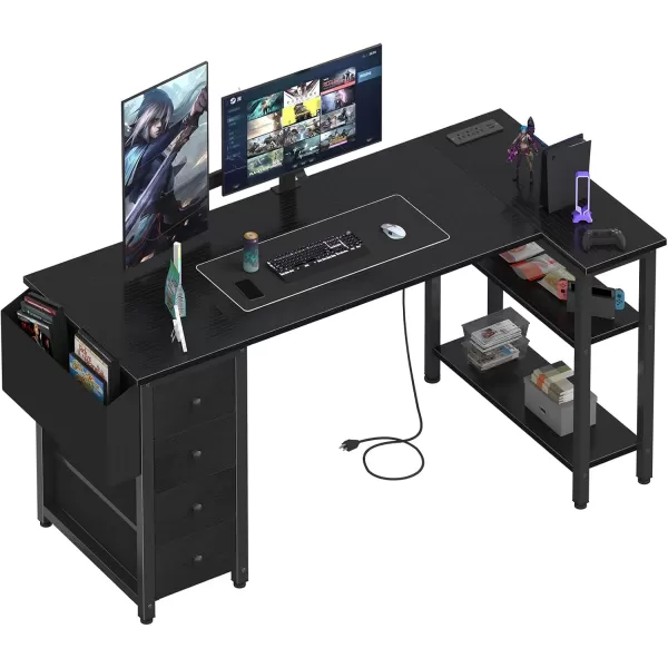 imageLufeiya L Shaped Gaming Desk with Drawers ampamp Storage Shelves 47 Inch Corner Computer Desk with Power Outlet for Home Office Bedroom LShaped Teen PC Desks with Fabric Drawer BlackBlack