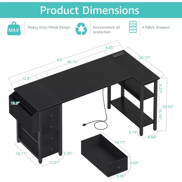 imageLufeiya L Shaped Gaming Desk with Drawers ampamp Storage Shelves 47 Inch Corner Computer Desk with Power Outlet for Home Office Bedroom LShaped Teen PC Desks with Fabric Drawer BlackBlack