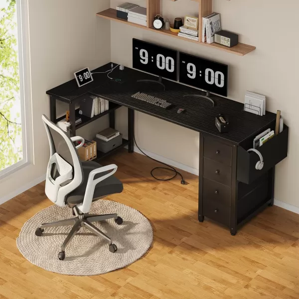 imageLufeiya L Shaped Gaming Desk with Drawers ampamp Storage Shelves 47 Inch Corner Computer Desk with Power Outlet for Home Office Bedroom LShaped Teen PC Desks with Fabric Drawer BlackBlack