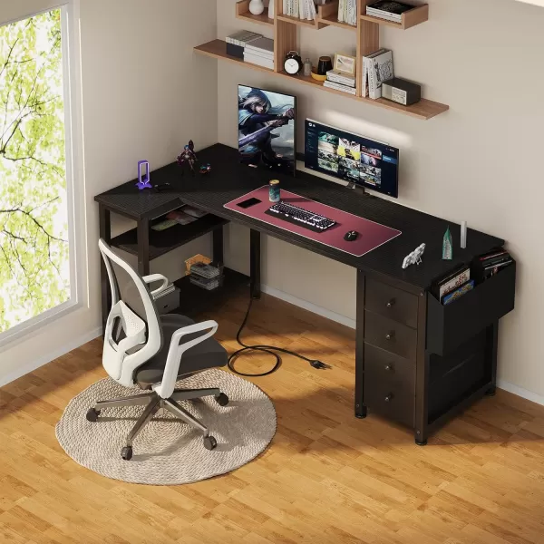 imageLufeiya L Shaped Gaming Desk with Drawers ampamp Storage Shelves 47 Inch Corner Computer Desk with Power Outlet for Home Office Bedroom LShaped Teen PC Desks with Fabric Drawer BlackBlack