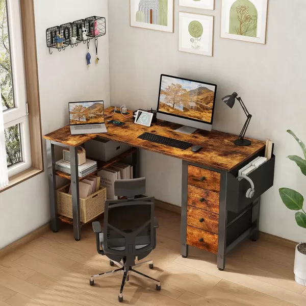 imageLufeiya L Shaped Gaming Desk with Drawers ampamp Storage Shelves 47 Inch Corner Computer Desk with Power Outlet for Home Office Bedroom LShaped Teen PC Desks with Fabric Drawer BlackBrown