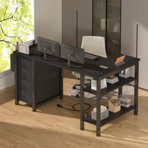 imageLufeiya L Shaped Gaming Desk with Drawers ampamp Storage Shelves 47 Inch Corner Computer Desk with Power Outlet for Home Office Bedroom LShaped Teen PC Desks with Fabric Drawer BlackBlack