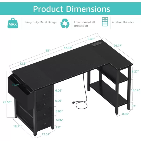 imageLufeiya L Shaped Gaming Desk with Drawers ampamp Storage Shelves 47 Inch Corner Computer Desk with Power Outlet for Home Office Bedroom LShaped Teen PC Desks with Fabric Drawer BlackBlack
