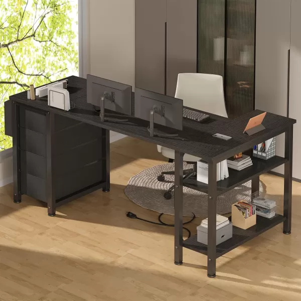 imageLufeiya L Shaped Gaming Desk with Drawers ampamp Storage Shelves 47 Inch Corner Computer Desk with Power Outlet for Home Office Bedroom LShaped Teen PC Desks with Fabric Drawer BlackBlack