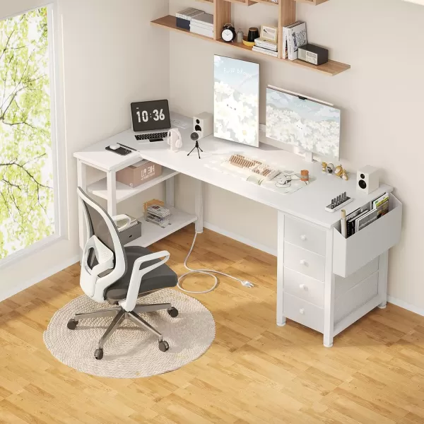 imageLufeiya L Shaped Gaming Desk with Drawers ampamp Storage Shelves 47 Inch Corner Computer Desk with Power Outlet for Home Office Bedroom LShaped Teen PC Desks with Fabric Drawer BlackWhite