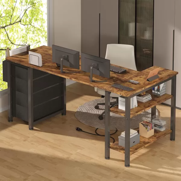 imageLufeiya L Shaped Gaming Desk with Drawers ampamp Storage Shelves 47 Inch Corner Computer Desk with Power Outlet for Home Office Bedroom LShaped Teen PC Desks with Fabric Drawer BlackBrown