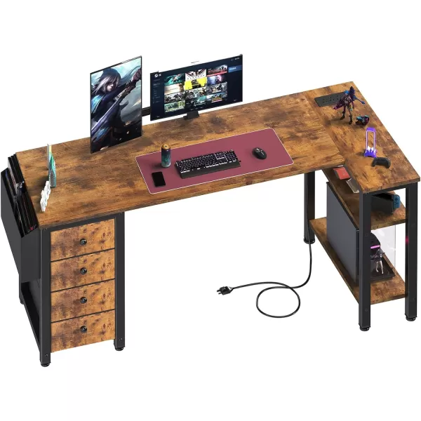 imageLufeiya L Shaped Gaming Desk with Drawers ampamp Storage Shelves 47 Inch Corner Computer Desk with Power Outlet for Home Office Bedroom LShaped Teen PC Desks with Fabric Drawer BlackBrown