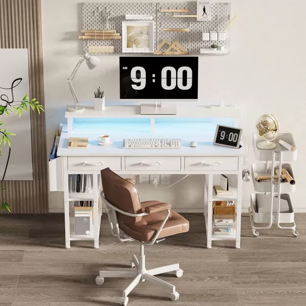 imageLufeiya White Computer Desk with Fabric Drawers 47 Inch Home Office Desk with Monitor Stand Shelves Writing Study Gaming Desks with Led Lights and Power Outlets for Bedroom WhiteWhite