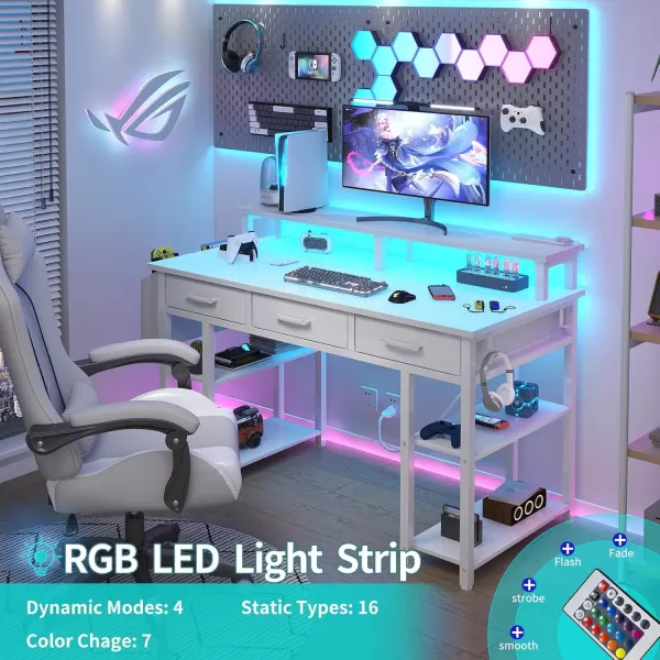 imageLufeiya White Computer Desk with Fabric Drawers 47 Inch Home Office Desk with Monitor Stand Shelves Writing Study Gaming Desks with Led Lights and Power Outlets for Bedroom WhiteWhite
