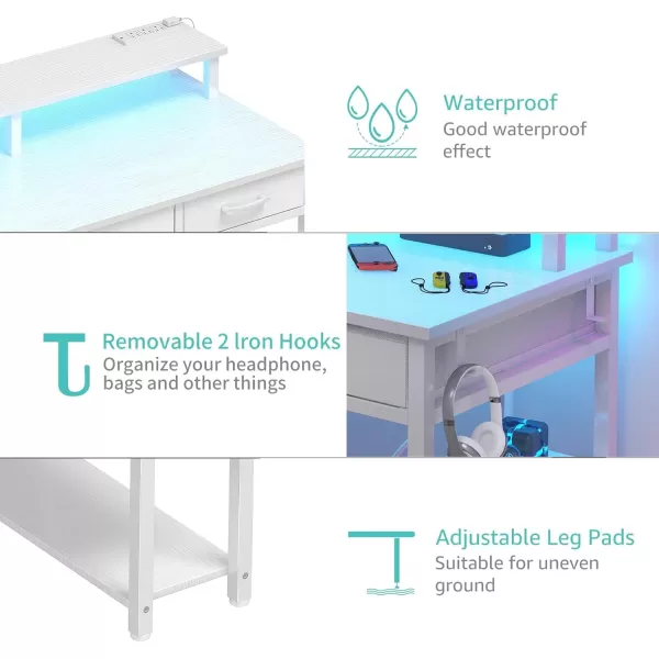 imageLufeiya White Computer Desk with Fabric Drawers 47 Inch Home Office Desk with Monitor Stand Shelves Writing Study Gaming Desks with Led Lights and Power Outlets for Bedroom WhiteWhite