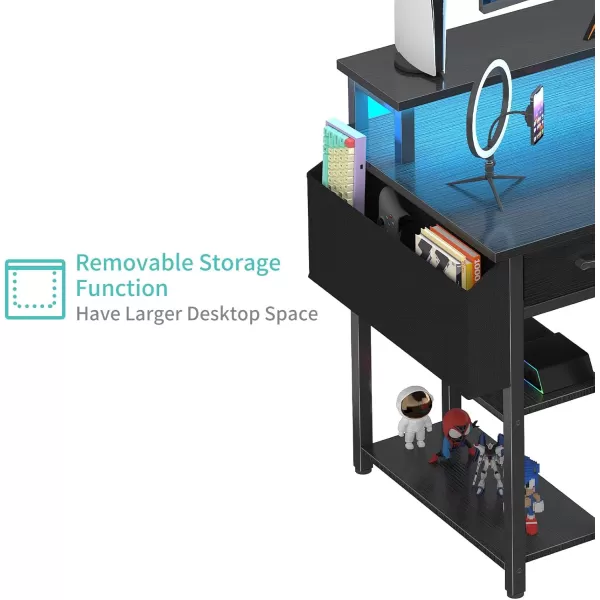 imageLufeiya White Computer Desk with Fabric Drawers 47 Inch Home Office Desk with Monitor Stand Shelves Writing Study Gaming Desks with Led Lights and Power Outlets for Bedroom WhiteBlack