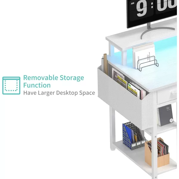 imageLufeiya White Computer Desk with Fabric Drawers 47 Inch Home Office Desk with Monitor Stand Shelves Writing Study Gaming Desks with Led Lights and Power Outlets for Bedroom WhiteWhite