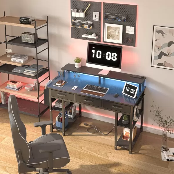 imageLufeiya White Computer Desk with Fabric Drawers 47 Inch Home Office Desk with Monitor Stand Shelves Writing Study Gaming Desks with Led Lights and Power Outlets for Bedroom WhiteBlack