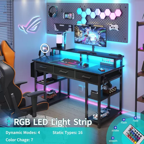 imageLufeiya White Computer Desk with Fabric Drawers 47 Inch Home Office Desk with Monitor Stand Shelves Writing Study Gaming Desks with Led Lights and Power Outlets for Bedroom WhiteBlack