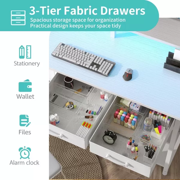imageLufeiya White Computer Desk with Fabric Drawers 47 Inch Home Office Desk with Monitor Stand Shelves Writing Study Gaming Desks with Led Lights and Power Outlets for Bedroom WhiteWhite