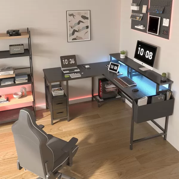 imageLufeiya White L Shaped Computer Desk with Fabric Drawers 47 Inch Corner Home Office Desk with Monitor Stand Shelves Writing Study Gaming Desks with Led Lights and Power Outlets for Bedroom WhiteBlack
