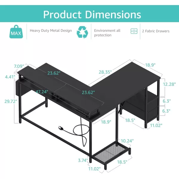 imageLufeiya White L Shaped Computer Desk with Fabric Drawers 47 Inch Corner Home Office Desk with Monitor Stand Shelves Writing Study Gaming Desks with Led Lights and Power Outlets for Bedroom WhiteBlack