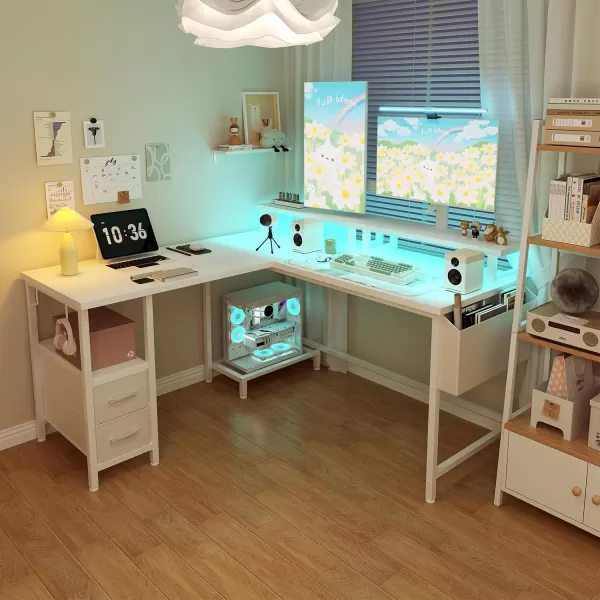 imageLufeiya White L Shaped Computer Desk with Fabric Drawers 47 Inch Corner Home Office Desk with Monitor Stand Shelves Writing Study Gaming Desks with Led Lights and Power Outlets for Bedroom WhiteWhite
