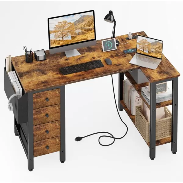 imageLufeiya L Shaped Gaming Desk with Drawers ampamp Storage Shelves 47 Inch Corner Computer Desk with Power Outlet for Home Office Bedroom LShaped Teen PC Desks with Fabric Drawer BlackBrown