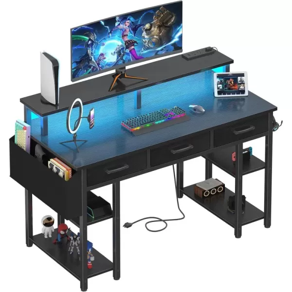 imageLufeiya White Computer Desk with Fabric Drawers 47 Inch Home Office Desk with Monitor Stand Shelves Writing Study Gaming Desks with Led Lights and Power Outlets for Bedroom WhiteBlack