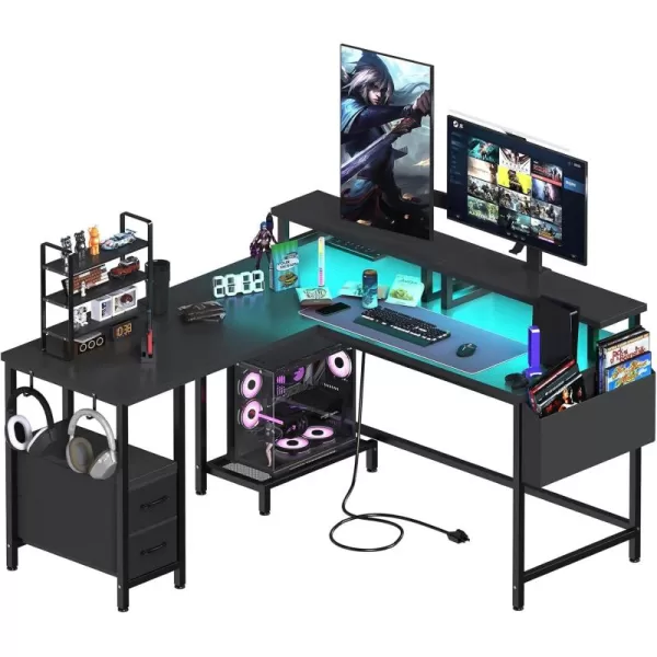 imageLufeiya White L Shaped Computer Desk with Fabric Drawers 47 Inch Corner Home Office Desk with Monitor Stand Shelves Writing Study Gaming Desks with Led Lights and Power Outlets for Bedroom WhiteBlack