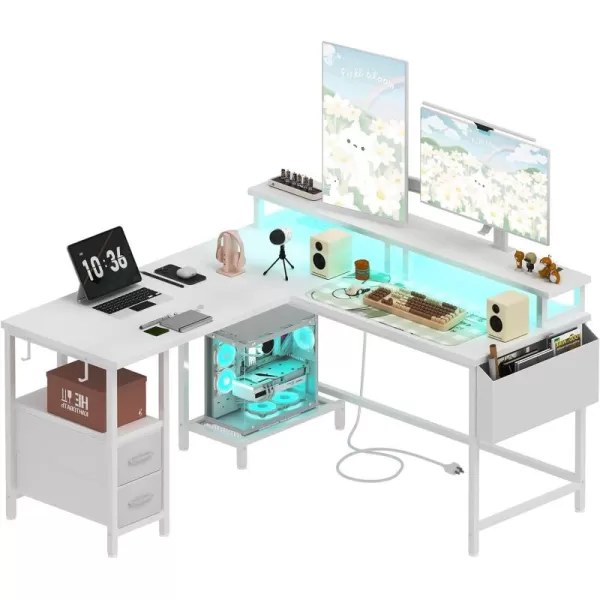imageLufeiya White L Shaped Computer Desk with Fabric Drawers 47 Inch Corner Home Office Desk with Monitor Stand Shelves Writing Study Gaming Desks with Led Lights and Power Outlets for Bedroom WhiteWhite