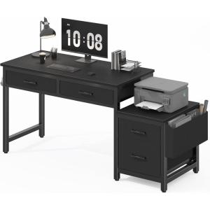 imageLufeiya Home Office Desk with Fabric File Drawers Cabinet 57 Inch Computer Desks with Filing Cabinet Printer Stand for Small Space Study Writing Table PC Desks for Bedroom BlackBlack