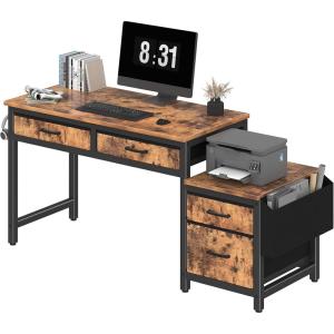 imageLufeiya Home Office Desk with Fabric File Drawers Cabinet 57 Inch Computer Desks with Filing Cabinet Printer Stand for Small Space Study Writing Table PC Desks for Bedroom Rustic BrownRustic Brown