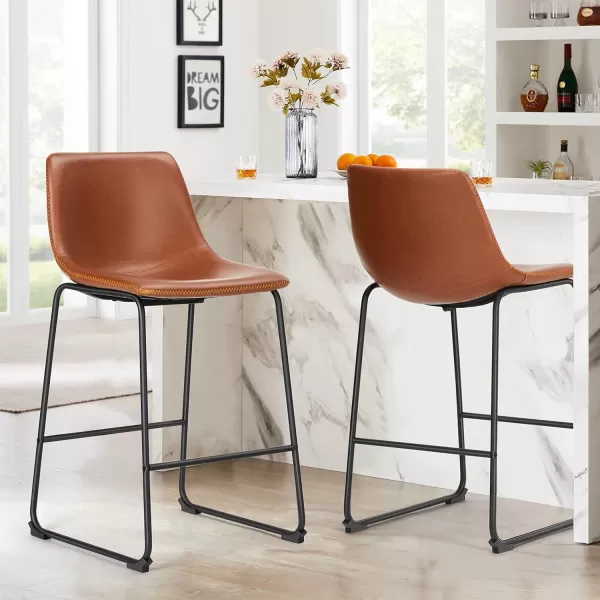 Bar Stools Set of 2 Counter Height Bar Stools with Back 26 inch Armless Industrial Faux Leather Barstools with Metal Legs and Footrest Modern Dining Chairs for Home Kitchen Island BlackWhiskey Brown