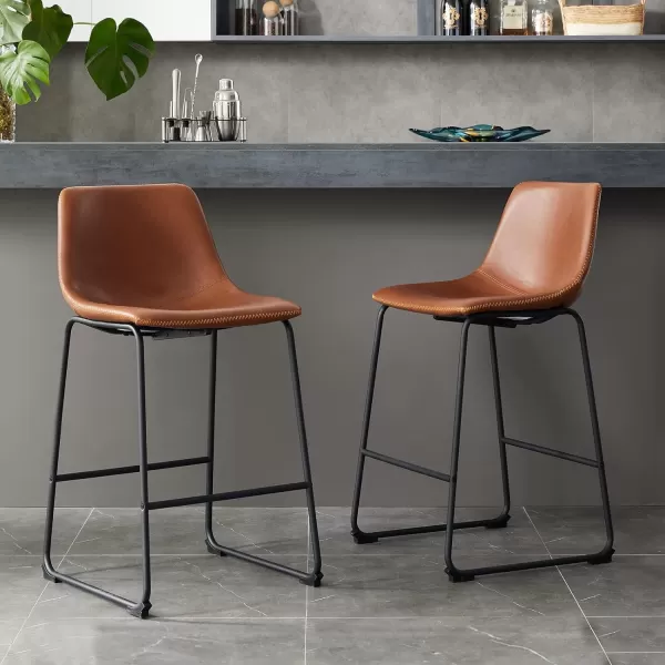 Bar Stools Set of 2 Counter Height Bar Stools with Back 26 inch Armless Industrial Faux Leather Barstools with Metal Legs and Footrest Modern Dining Chairs for Home Kitchen Island BlackWhiskey Brown